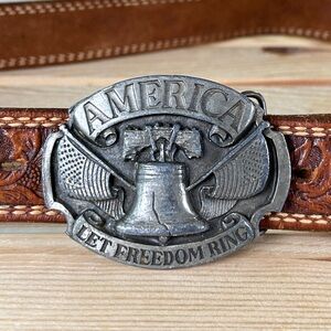 VTG 86 Tooled Leather Belt w/ Siskiyou America Let Freedom Ring Pewter Buckle